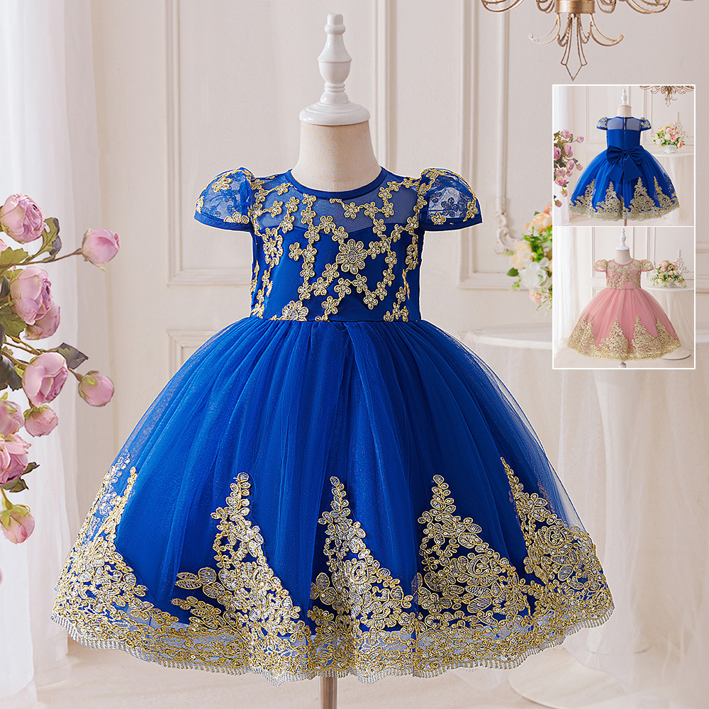 EBay vestido para niños bordado de hilo dorado niña de las flores elegante espectáculo de boda esponjoso vestido de niña de cumpleaños vestido de princesa vestido de noche
