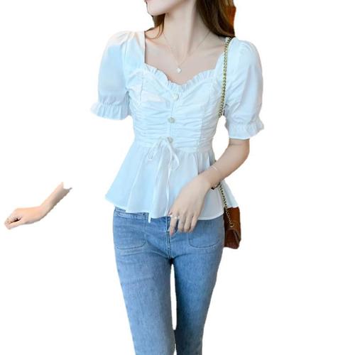 2024 French square neck short-sleeved chiffon shirt for women in summer, sweet temperament, waist-covering, belly-slimming short top