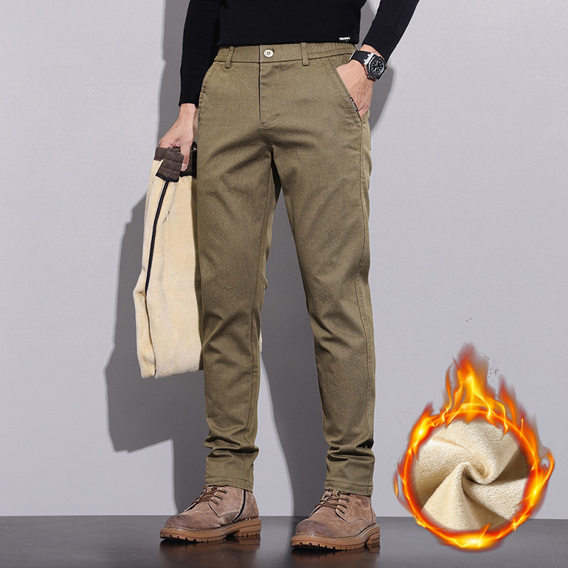 2023 Winter New Fabric Warmth and Korean Edition Small Straight Casual Pants for Men Waist Elastic Soft One piece Velvet_voghion.com