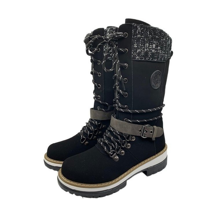 Cross-Border Large Size Women's Boots 2025 Autumn and Winter New Round Toe Square Heel Belt Buckle Wool Splicing Amazon Boots