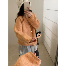 木四 100%全羊毛拉绒针织衫女慵懒风无缝一体卷边毛衣濮院M6718