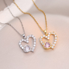 项链女 韩版ins心心锆石相印吊坠时尚锁骨链小众爱心项链项饰批发