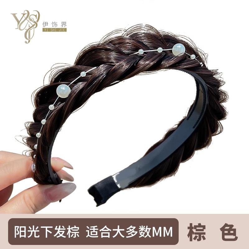 Alto grado perla giro trenza peluca diadema temperamento femenino cráneo superior artefacto diadema accesorios para el cabello frente horquilla de pelo roto