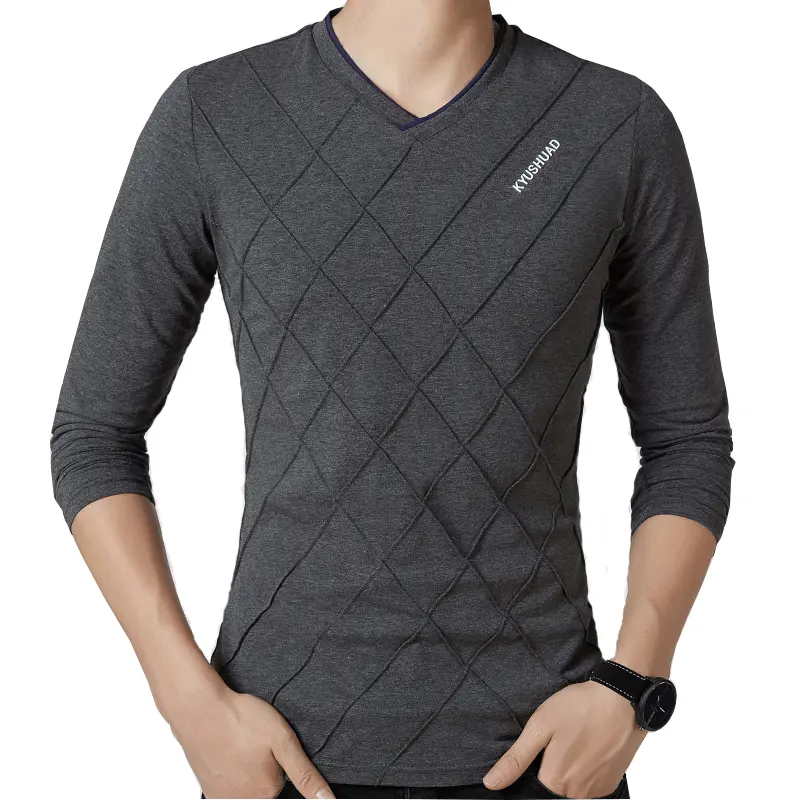 2026男装春秋新款男T长袖V领印花棉t恤打底衫韩版广告t恤男装大码