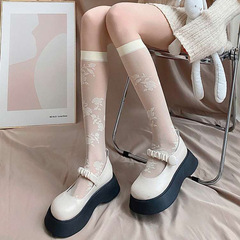 Summer and Spring Thin Japanese Style JK White Calf Socks Sheer Meat-Through Floral Pattern Stockings Lolita Rose Mid-Calf Socks for Girls and Boys