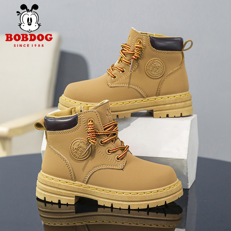 Babu Bean Children's Martin Boots Boys 2024 Winter New Leather Short Boots Girls Boots fleece-lined Thick Cotton Shoes