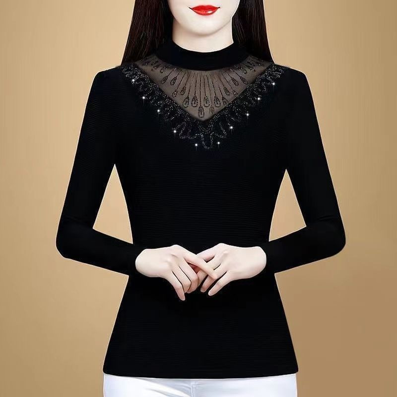 Autumn and winter plus-size warm base shirt for women, lace, stylish, slimming, fitted, with rhinestones, new top for mothers Autumn and winter plus-size warm base shirt for women, lace, stylish, slimming, fitted, with rhinestones, new top for mothers