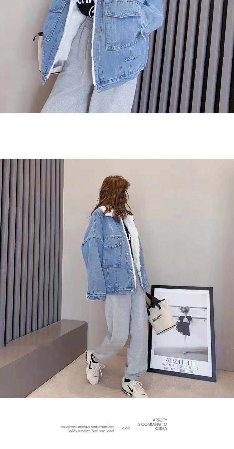 630g Weight Long Sleeve Sleeve Length Single Breasted Placket Type Regular Sleeve Sleeve Type Polyester Fabric Type Ordinary Model (50cm <Length ≤ 65cm) Top Length Coat Tops Type Shirt Collar Neckline Loose Fit Type Solid Color Pattern Women's Gender Temperament Commuter, Urban Style Style Lamb Fur Lined Thickened Denim Jacket Women's Autumn Winter Loose Versatile Short Style Fleece Inner Cotton Coat For Students 10
