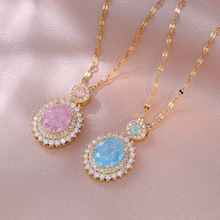 项链女日韩网红粉色冰花锆石花朵彩色小众新款设计气质钛钢项链