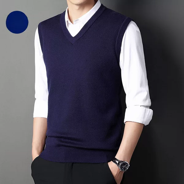 V-neck vest autumn and winter new men's thickened sleeveless knitted vest sweater solid color middle-aged business inner sweater