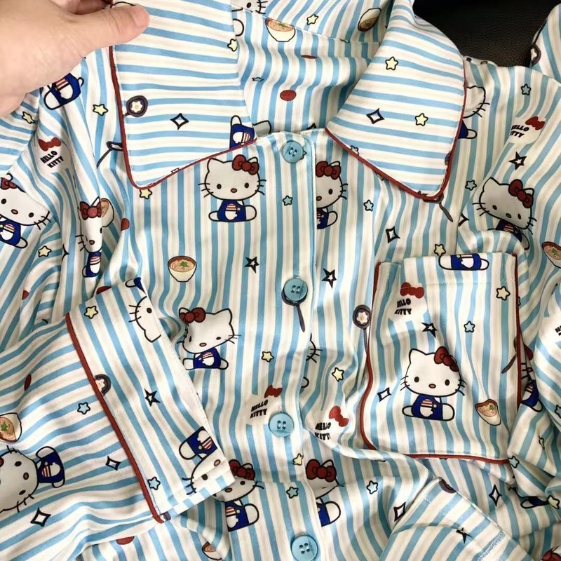简约条纹Kitty猫睡衣女秋冬季保暖加厚套装美少女可外穿ins家居服|undefined