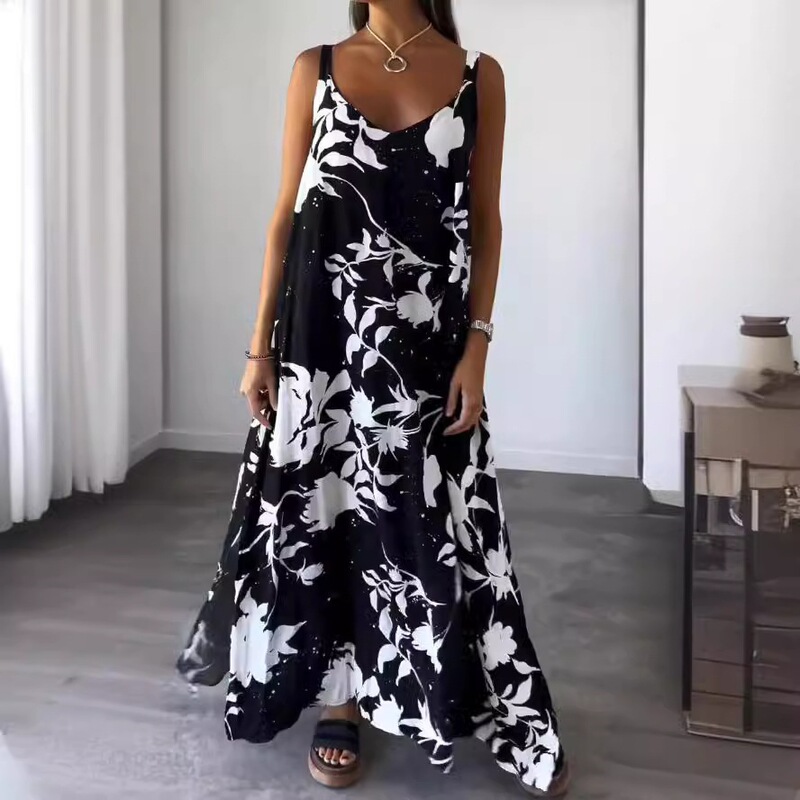 Cross-Border Black and White Floral Spaghetti Strap Dress for Women, Summer Backless V-Neck Long Chiffon Flowy Vacation Style Cross-Border Black and White Floral Spaghetti Strap Dress for Women, Summer Backless V-Neck Long Chiffon Flowy Vacation Style