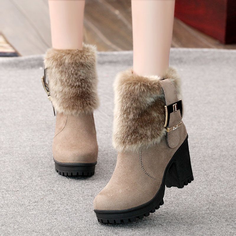 2025 Autumn and Winter Boots High-Heeled Snow Boots Short Boots Fleece-Lined Warm Women's Cotton Boots Thickeneded Thick Heel Non-Slip Women's Boots