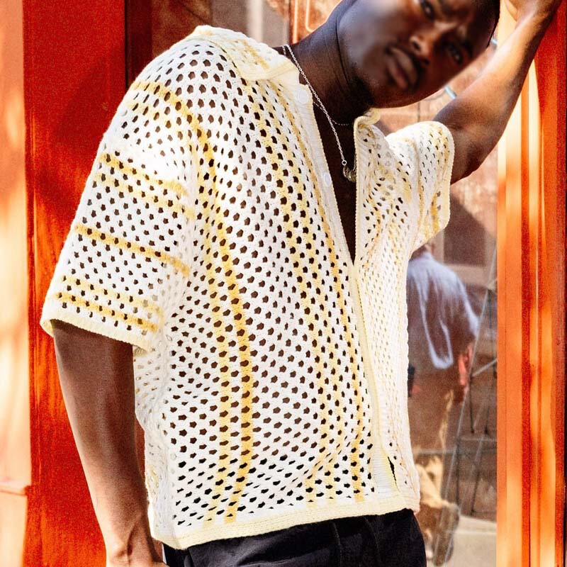 2026 Cross-Border European and American Spring/Summer Fishnet Knit Shirt Color-Block Design Button Lapel Casual Men's Top