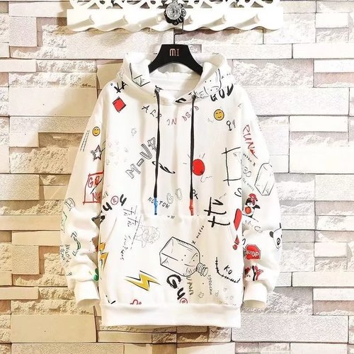 Men's Hooded Sweatshirt, Hong Kong Style, Thin, Cool, Fashion Trend, Loose, Cartoon Graffiti, Streetwear, Youth Long-Sleeve Top