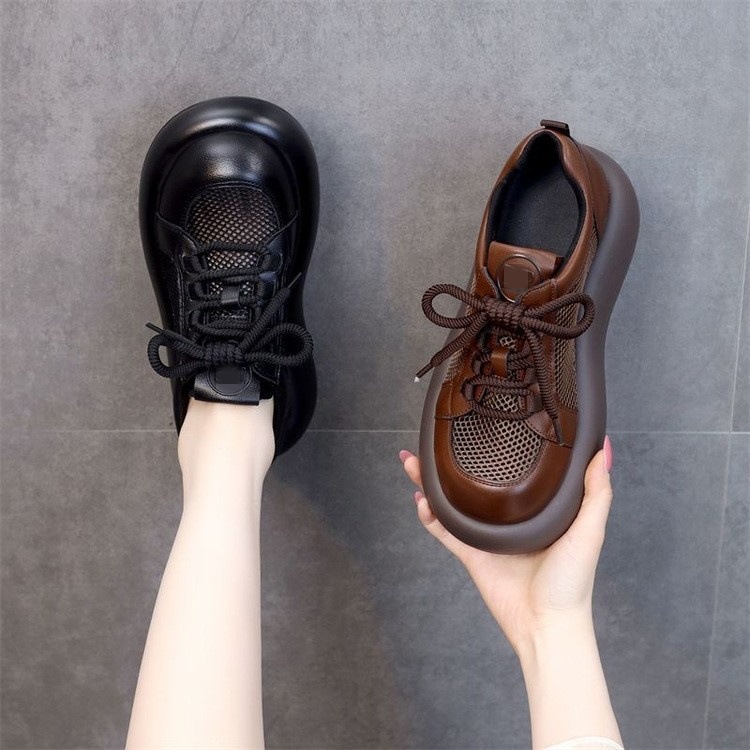 Muffins de fondo grueso Lefour zapatos mujeres 2026 nuevo verano casualidad malla transpirable retro zapatos de cuero de lazos pequeños