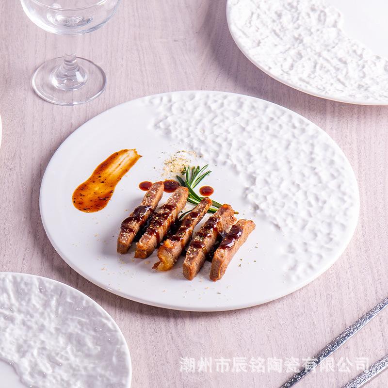 Embossed Stone Pattern Round Flat Plate Ceramic Shallow Plate Sushi Plate Restaurant Sashimi Plate Diet Creative Restaurant