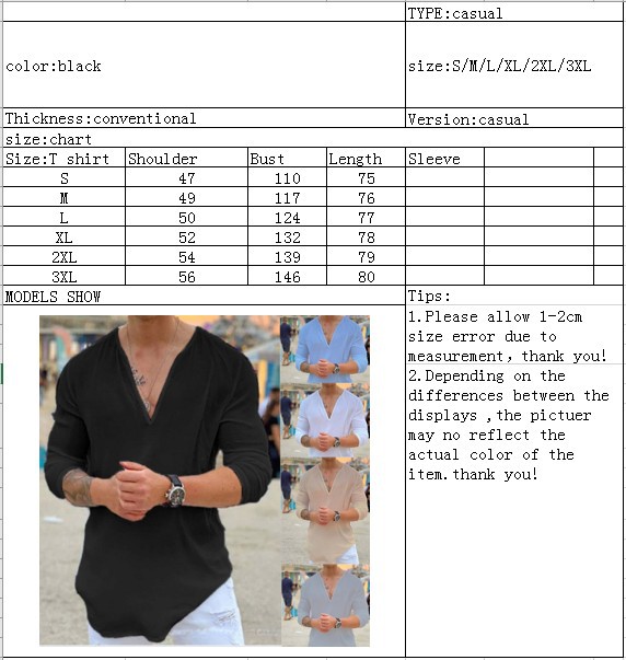 Nuova T-shirt casual tinta unita con scollo a V 2024 camicia da uomo in cotone e lino a maniche lunghe_voghion.com