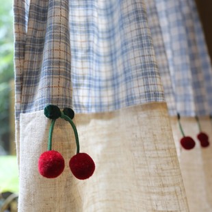 Sky blue line grid Red Cherry half curtain curtain door curtain American country wear Rod punch-free coffee curtain