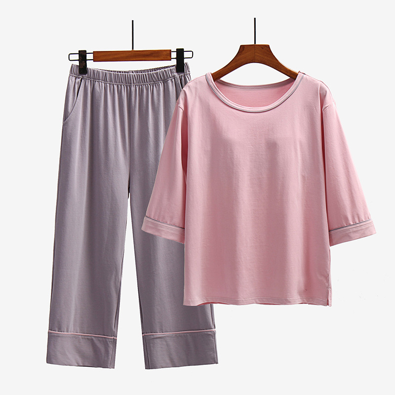 Women's pajamas with chest pad three-quarter sleeve suit summer loose pajamas Korean style cotton home wear wear-free bra two-piece suit