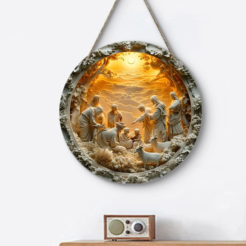 スポットアメリカンカントリー復活装飾ラウンド壁木板絵画キリスト降誕ロゴタグホリデーデコレーション|undefined