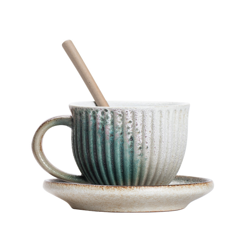 Striped And Saucer Set, Vintage Kiln-Fired Coffee Creative Top Quality Ceramic Cup, Light Luxury Afternoon Tea Coarse Pottery Cup_voghion.com