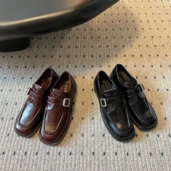 高定iu ~ 2024秋冬新商品ショーモデルのオイルワックス牛革本革金属ベルトバックル純色楽福靴女