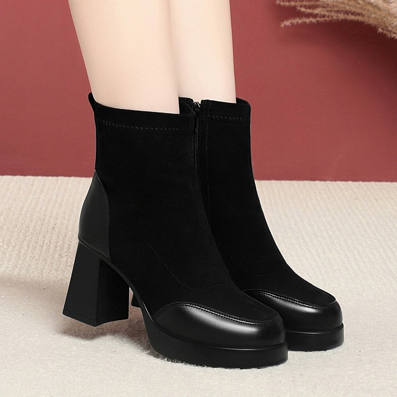 Весенние и осенние сапоги замшевая эластичная тонкая сапоги на квадратном каблуке сапоги женские толстые каблуки Челси сапоги удобные боковые молнии