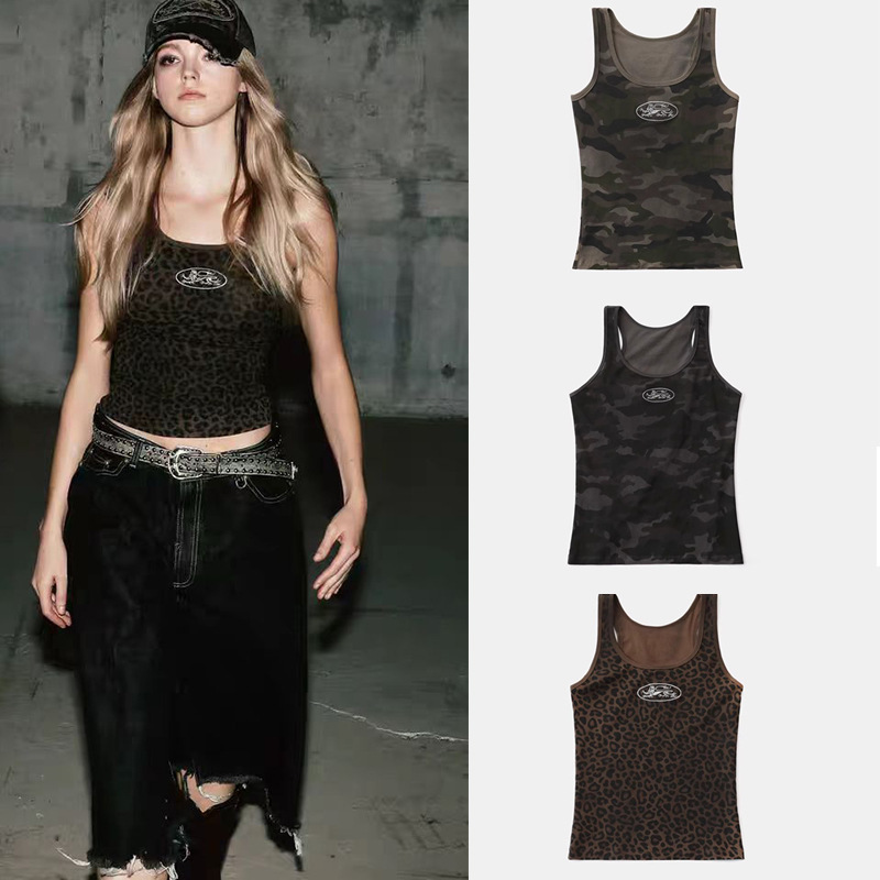 Badblood American Retro Leopard Print Camouflage Slim Racer Vest Sexy Sports Casual Bottoming Outer Top