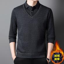 2025冬季加绒翻领T恤男中老年爸爸装加厚保暖针织假两件毛衣上衣