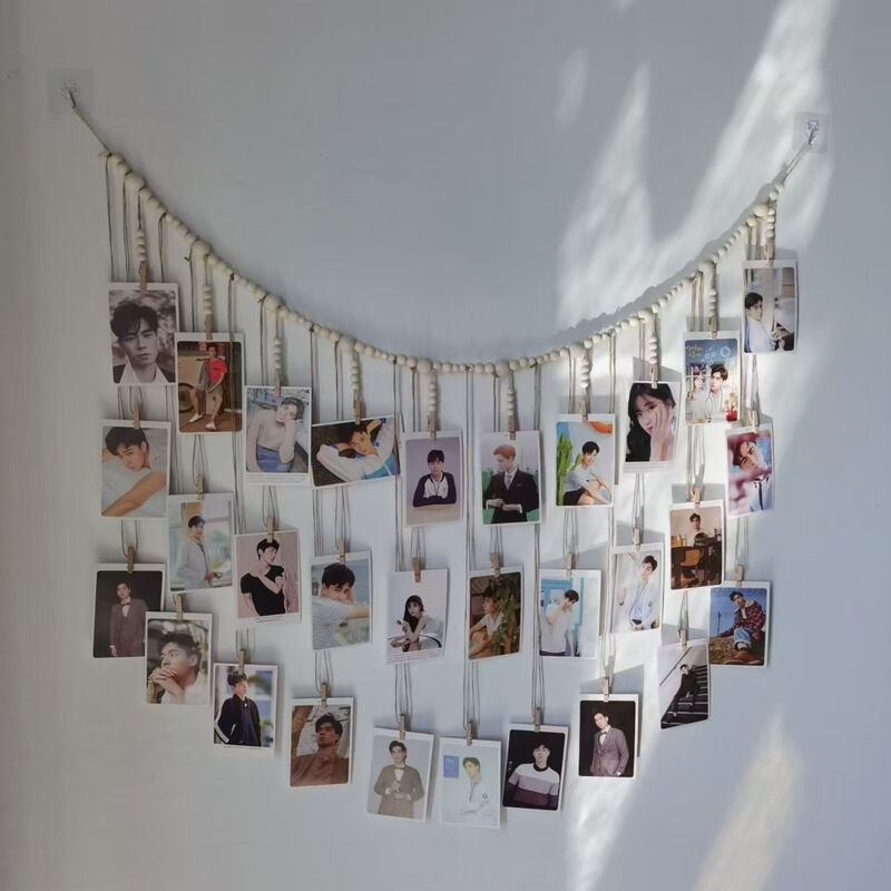 Home decoration photo wall wooden beads hemp rope clip wall hanging living room background wall photo storage display clip