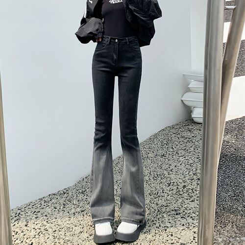Gradient color micro-trumpet slim stretch jeans women's high waist niche tight horseshoe pants wide-leg mop long pants