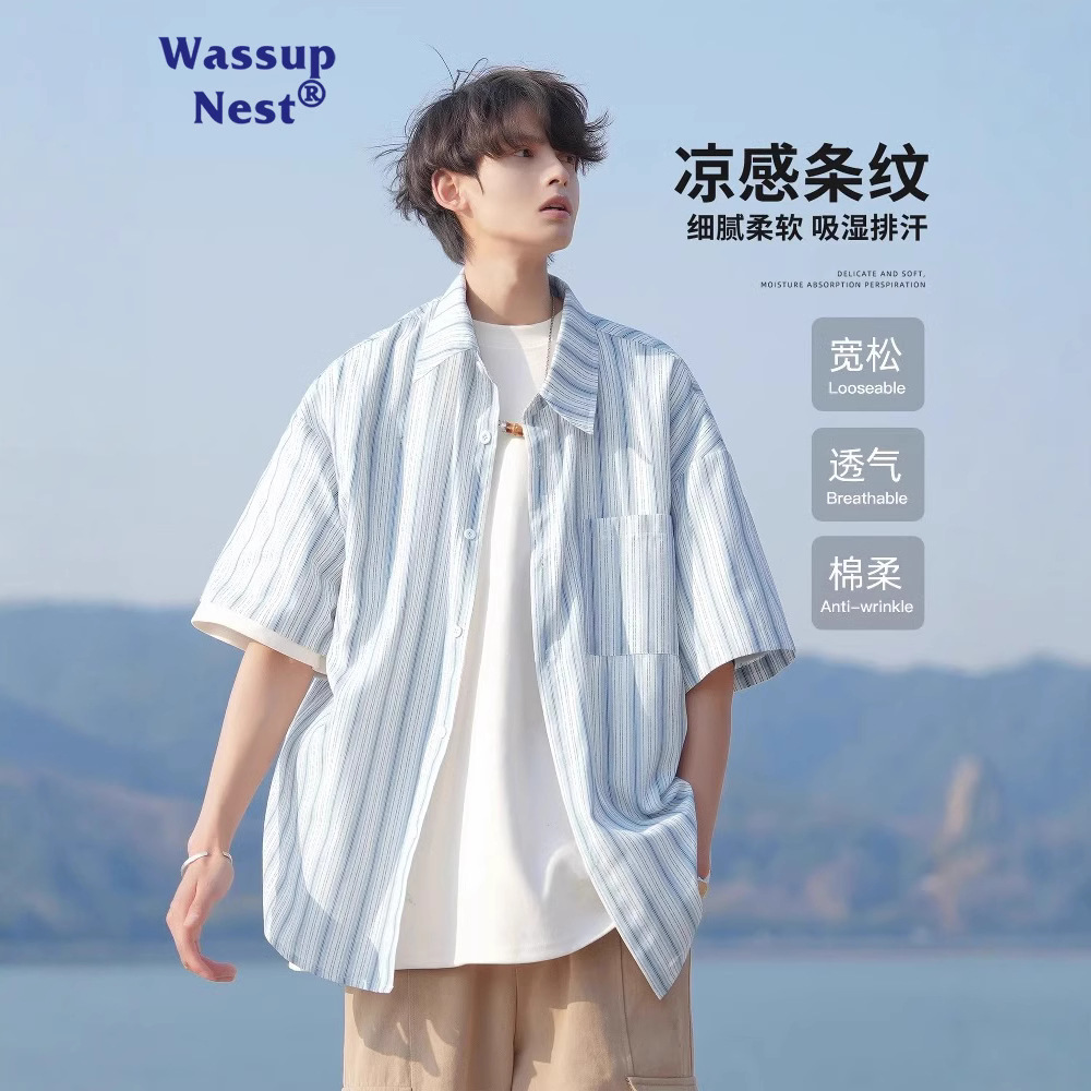 WASSUP Fashionable Striped Short Sleeve Shirt Men's Summer Ice Silk Thin 2025 New Men's Student Shirt Jacket