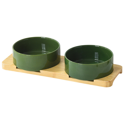 Amazon Direct Mouth Cat Bowl Ceramic Bamboo Tray Anti-Black Chin Cat Food Bowl Dog Bowl Drinking Three Bowls Double Bowl Anti-Flip