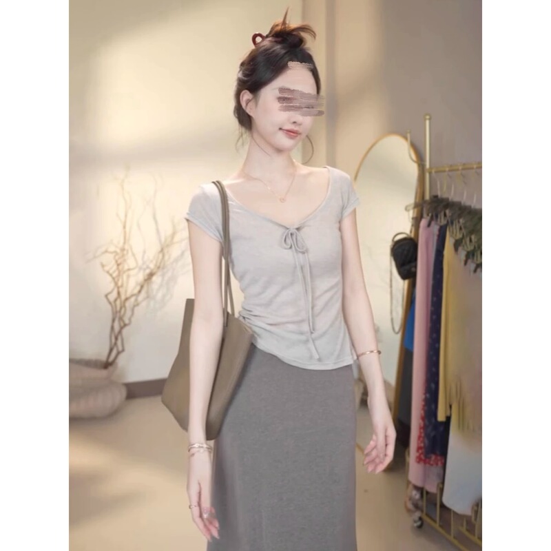 Jiyou Light Gray U-Neck Lace-Up Design Large Neckline Halterneck Right Shoulder Short-Sleeved T-Shirt Women's Summer Waist Slimming Thin Top