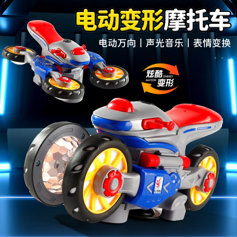 Nuevos productos de motocicleta de deformación eléctrica acrobacias giratorias universal coche de ciencia ficción iluminación música juguetes para niños lotes de automóviles transfronterizos