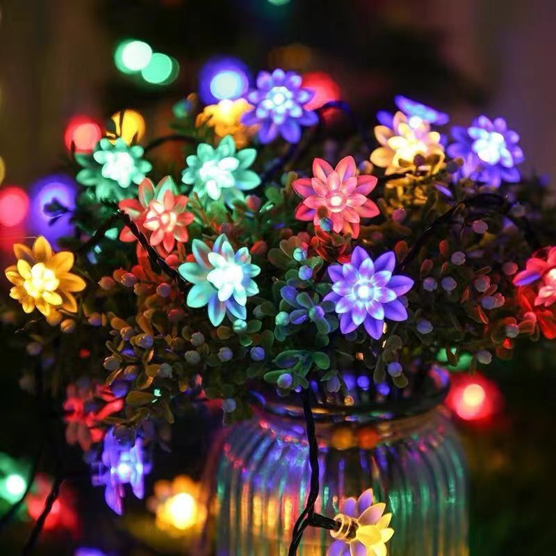LED Solar String Lotus Lantern Outdoor Waterproof Garden Courtyard Balcony Home Decor Color Light Blinking String Lantern