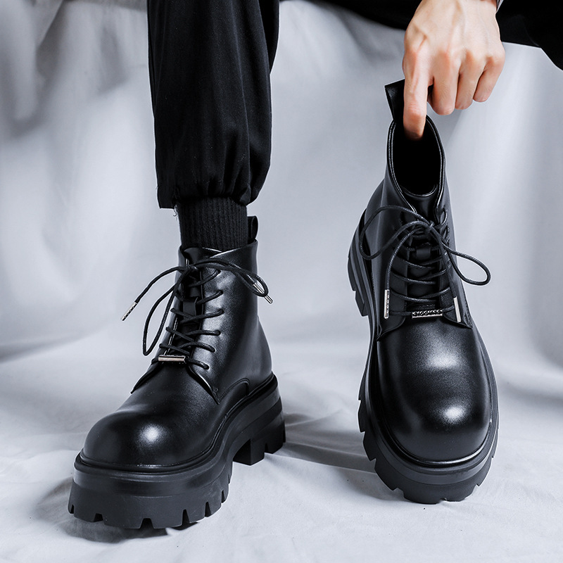 馬丁靴男款英倫風中幫皮鞋秋冬季厚底增高黑色工裝機車靴子9144-R