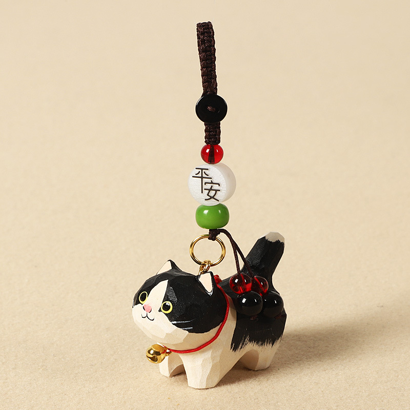 手作り木彫り太ったオレンジ猫車のキーホルダーペンダントかわいい牛猫スクールバッグペンダント女性の親友へのギフトとして