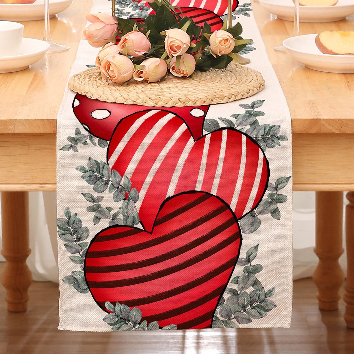 Camino de mesa temático de San Valentín para decoración transfronteriza, mantel rojo estampado de Amazon, decoración de restaurante, estilo nórdico, decoración del hogar, tira larga