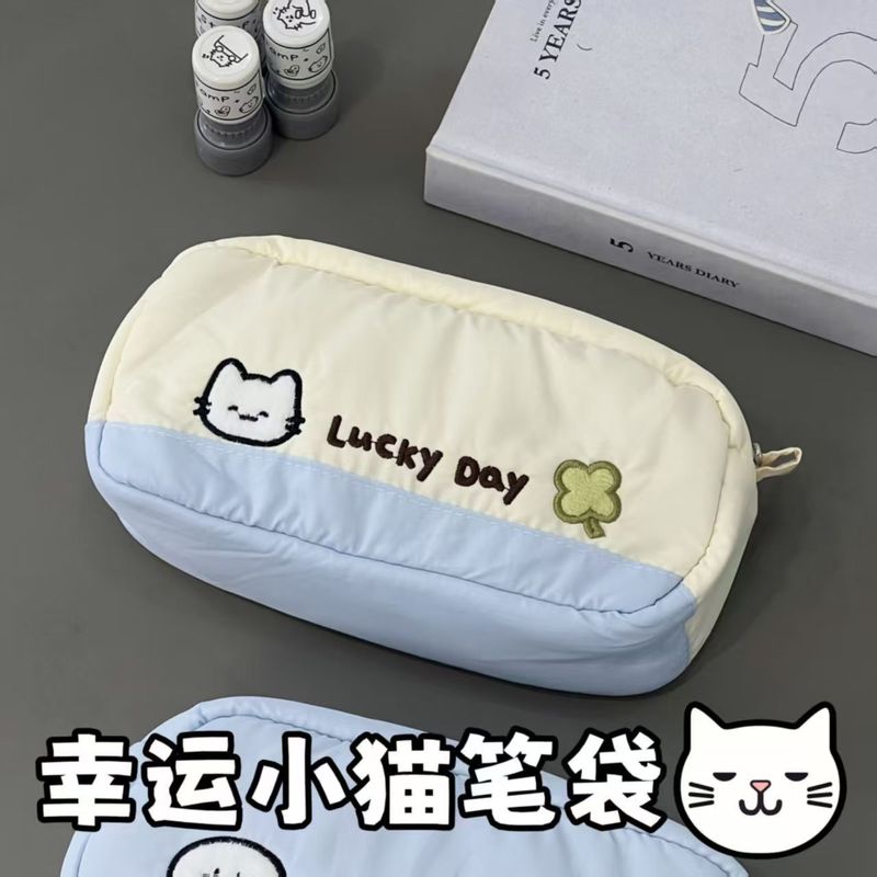 日系可爱四叶草幸运小猫刺绣笔袋ins大容量学生文具收纳袋铅笔盒|undefined
