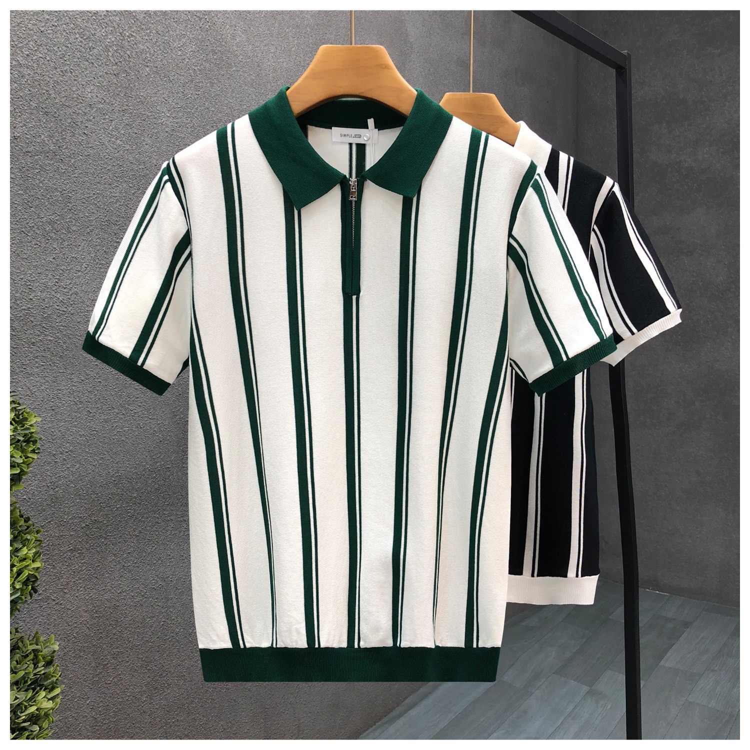 2025 New Trendy Summer Short-Sleeved Business Stripesd Polo Shirt Men's Half-Zip Ice Silk Lapel Knitted Short-Sleeved Shirt