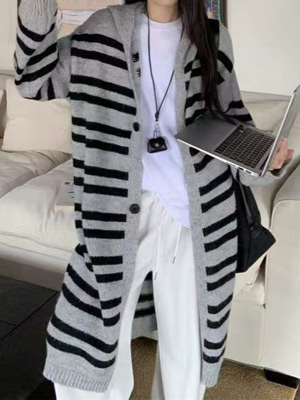韩系条纹中长款毛衣开衫外套女秋冬季连帽慵懒风小众针织衫上衣|undefined
