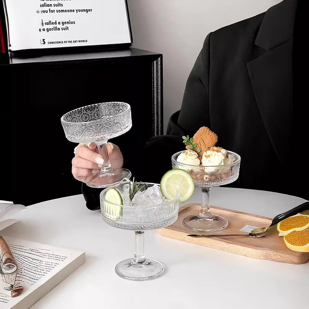 ins風高顏值浮雕高腳玻璃杯冰淇淋杯甜品杯小吃碗酸奶杯雞尾酒杯