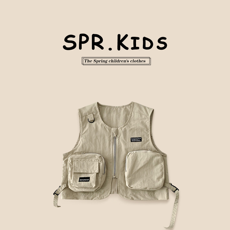 Boys' Multi-Pocket Functional Sleeveless Cool Workwear Vest, 2026 Autumn New Style Children's Casual Pure Cotton Top