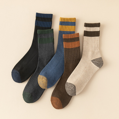 Men's winter socks, thickened soles, terry mid-tube socks, upper tube, two bars, men's socks, toe and heel, color matching, men's stockings, thick