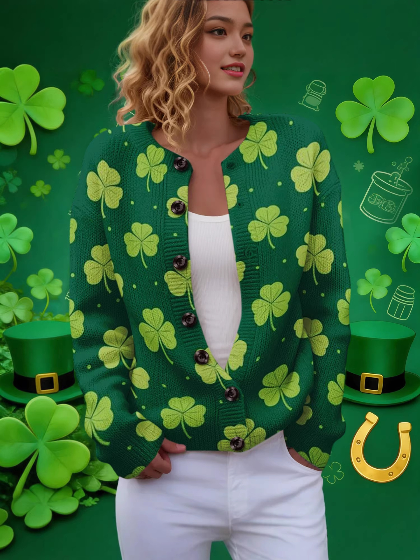 Lxf-Yk52 Round Neck Cardigan St. Patrick's 3D Printed Sweater Cross-Border Amazon New Style Knitted European and American Women's Fashion