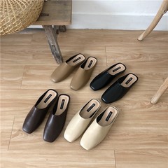 happyfeeling韓國時尚復古穆勒女鞋包頭低跟懶人方頭平底拖鞋潮