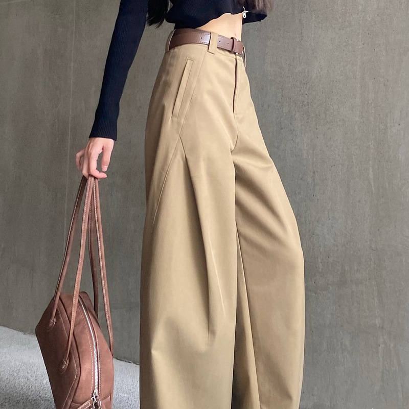 2026 Autumn New Khaki Brown Straight Wide-Leg Pants for Women, High-End Casual Floor-Length Slim-Fit Trousers