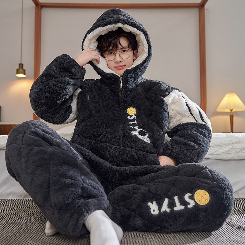 Hongxiangjia Three-Layer Quilted Thickeneded Warm Men's Pajamas Winter New Hooded Wearable Home Clothes Set